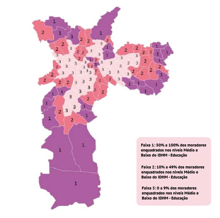 Mapa de São Paulo representado os distritos de acordo com o número de habitantes pertencente aos níveis médio e baixo do Índice de Desenvolvimento Humano Municipal (IDHM) - Educação.

Faixa 1: Distritos que possuem de 50% a 100% dos moradores enquadrados nos níveis Médio e Baixo do IDHM - Educação;


Faixa 2: Distritos que possuem de 10% a 49% dos moradores enquadrados nos níveis Médio e Baixo do IDHM - Educação;

Faixa 3: Distritos que possuem de 0 a 9% dos moradores enquadrados nos níveis Médio e Baixo do IDHM - Educação.
